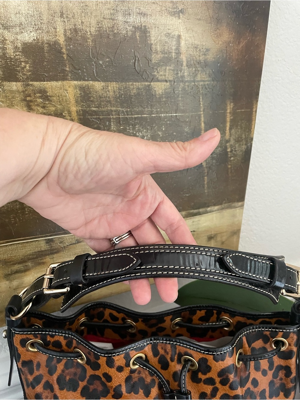 Dooney & Bourke Leopard Print Drawstring Shoulder Bag - Brown and Black - Picture 3 of 15